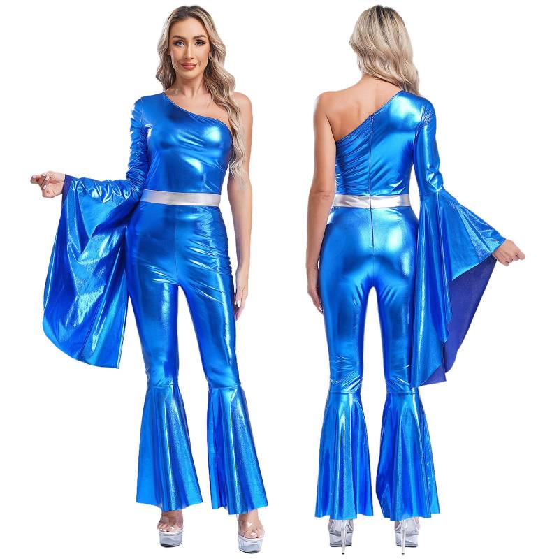 Disco-Kostüm, Verkleidung für Damen, glänzend, 70er-Jahre-Jumpsuit, einzelner Langarm-Body, Hippie-Strampler XXL königsblau von Joom DACH