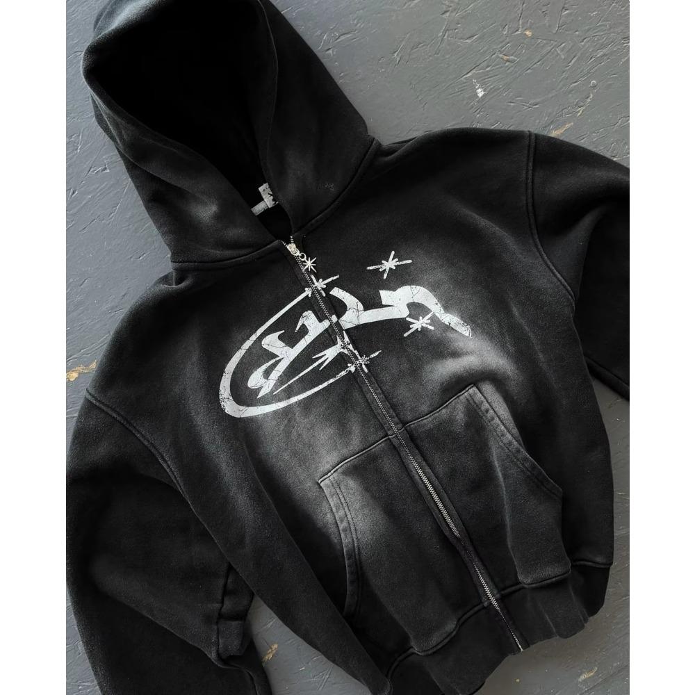 Divin Vintage Washed Zip Hoodie Y2K Jacke Herren Rock Hip Hop Patchwork Besticktes Oversized Hoodie Sweatshirt Langarm Tops S von Joom DACH