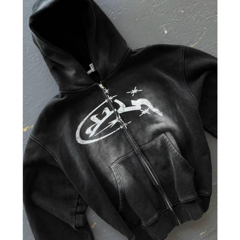 Divin Vintage Washed Zip Hoodie Y2K Jacke Herren Rock Hip Hop Patchwork Besticktes Oversized Hoodie Sweatshirt Langarm Tops S von Joom DACH