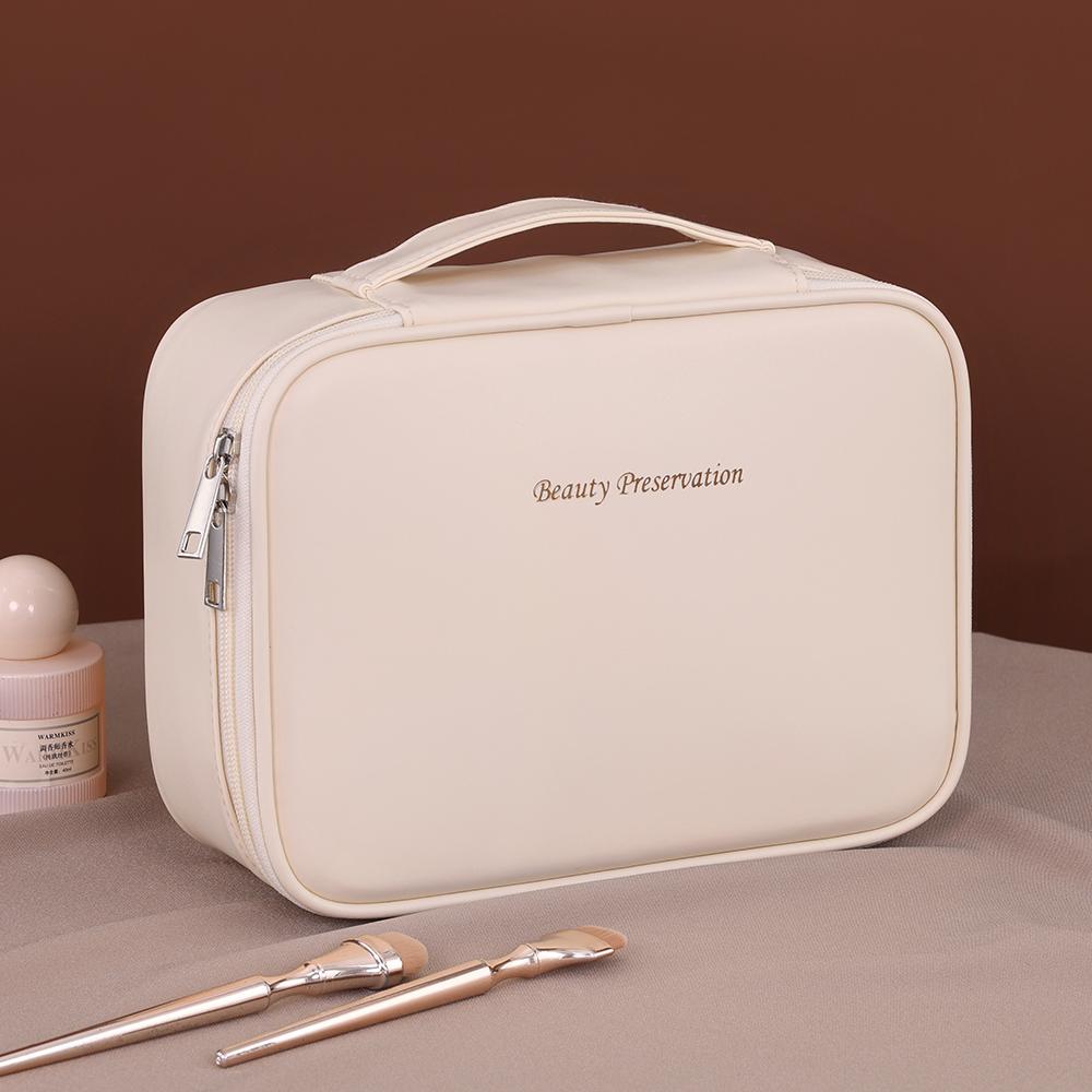 Doppellagige Kosmetiktasche aus Leder, große Kapazität, luxuriöser Kosmetik-Organizer, Reiseutensilien für Damen weiß von Joom DACH