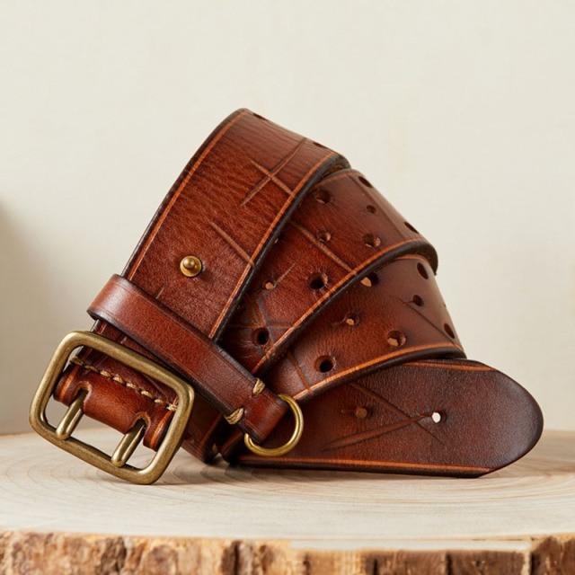 Doppelnadel-Messingschnalle für Herren, luxuriöser Modegürtel, Retro-erste Schicht aus reinem Rindsleder, Jeans mit echtem Leder, stilvoller Herrengürtel 110cm braun von Joom DACH