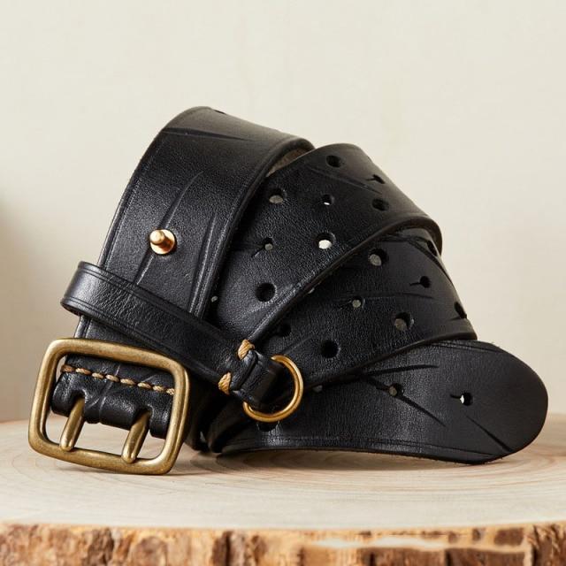 Doppelnadel-Messingschnalle für Herren, luxuriöser Modegürtel, Retro-erste Schicht aus reinem Rindsleder, Jeans mit echtem Leder, stilvoller Herrengürtel 110cm schwarz von Joom DACH