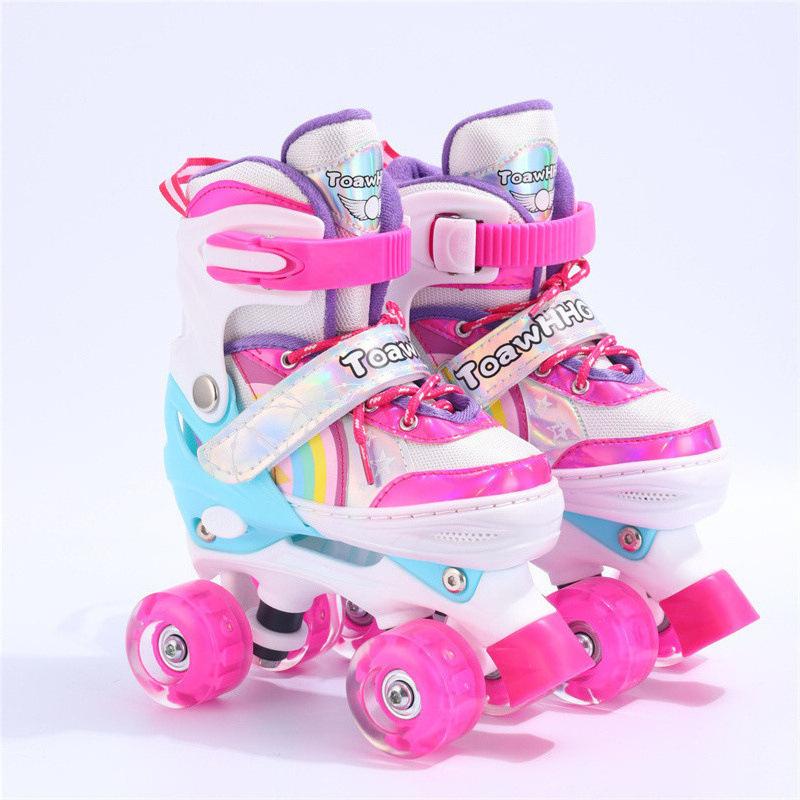 Doppelreihen-Vierrad-Rollschuhe Anfänger Kinder Erwachsene Profi-Schuhe Doppelschnallen-Rollschuhe S size 31-34 rosa von Joom DACH