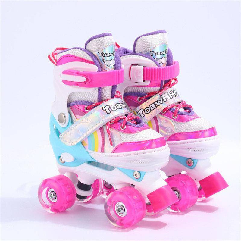 Doppelreihen-Vierrad-Rollschuhe Anfänger Kinder Erwachsene Profi-Schuhe Doppelschnallen-Rollschuhe S size 31-34 rosa von Joom DACH