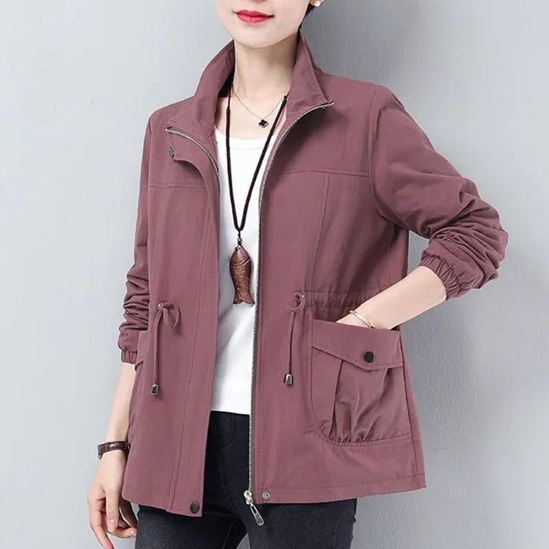 Doppelschicht Frauen Plus Größe Frühling Herbst Koreanische Plus Größe Futter Windjacke Kordelzug Taille Stehkragen Jacke L violett von Joom DACH