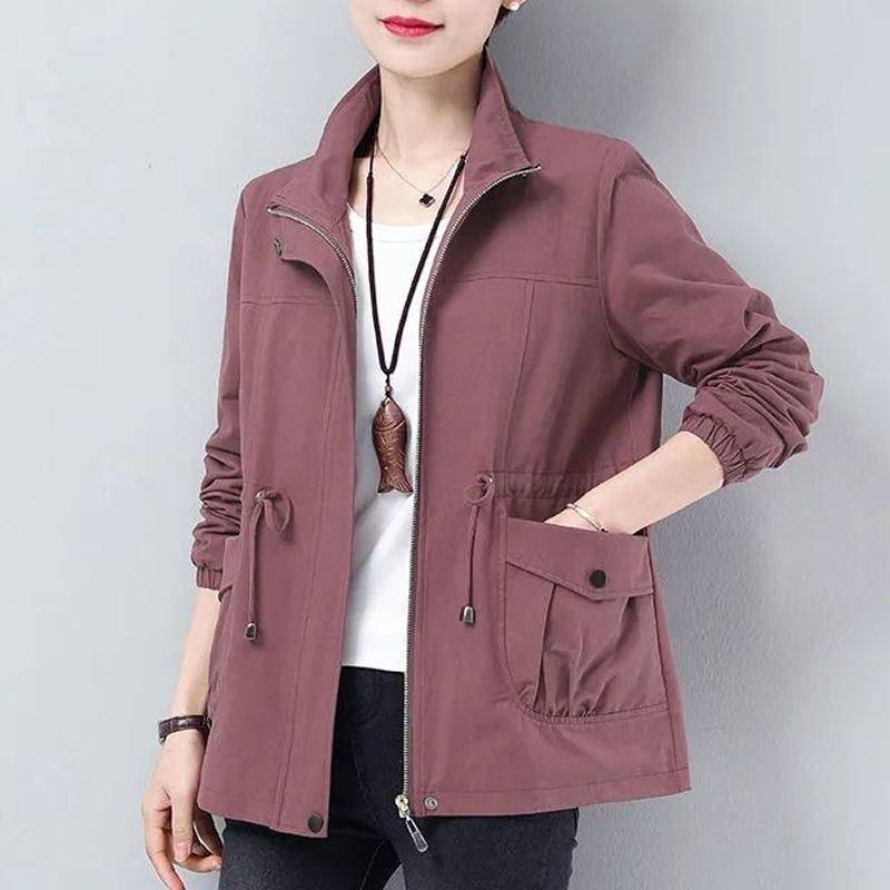Doppelschicht Frauen Plus Größe Frühling Herbst Koreanische Plus Größe Futter Windjacke Kordelzug Taille Stehkragen Jacke L violett von Joom DACH