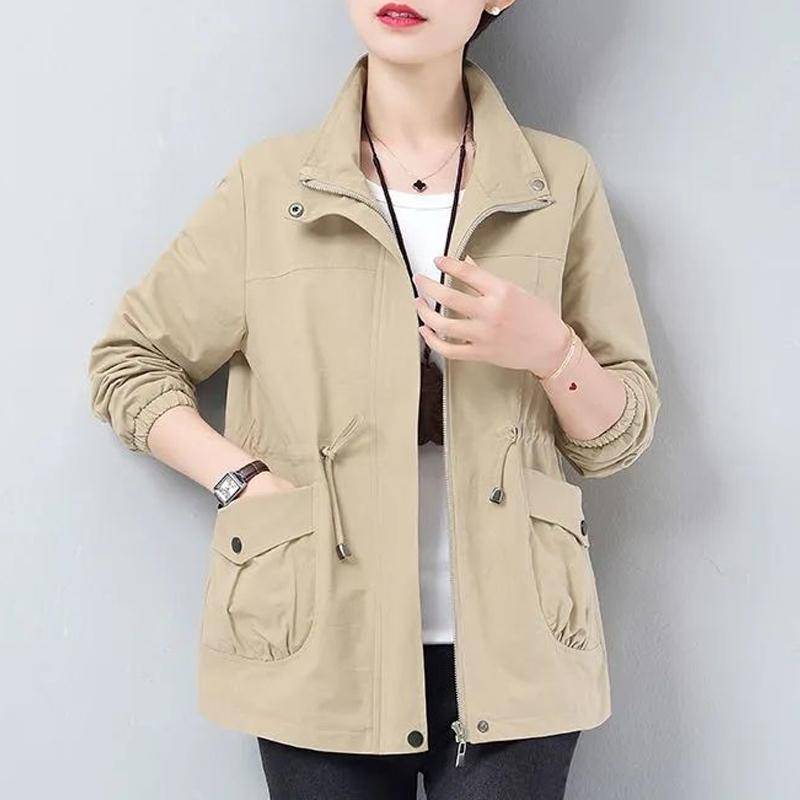 Doppelschicht Frauen Plus Größe Frühling Herbst Koreanische Plus Größe Futter Windjacke Kordelzug Taille Stehkragen Jacke XL khaki von Joom DACH