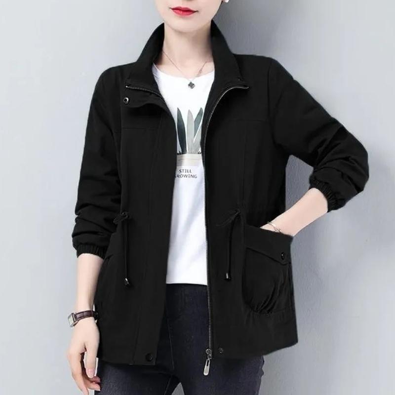 Doppelschicht Frauen Plus Größe Frühling Herbst Koreanische Plus Größe Futter Windjacke Kordelzug Taille Stehkragen Jacke XXL schwarz von Joom DACH