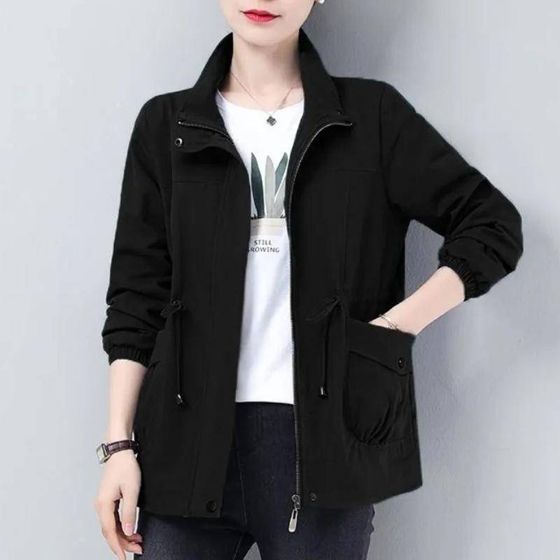 Doppelschicht Frauen Plus Größe Frühling Herbst Koreanische Plus Größe Futter Windjacke Kordelzug Taille Stehkragen Jacke XXL schwarz von Joom DACH