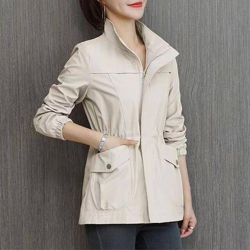 Doppelschicht Frauen Windjacke Frühling Herbst Kurzmantel Mode Plus Größe Stehkragen Damenjacke 4XL beige von Joom DACH
