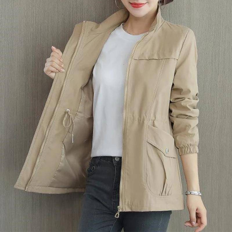 Doppelschicht Frauen Windjacke Frühling Herbst Kurzmantel Mode Plus Größe Stehkragen Damenjacke 4XL khaki von Joom DACH