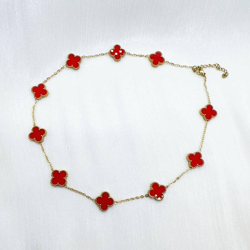 Doppelseitige Halskette aus Titanstahl mit zehn Blumen und vierblättrigem Kleeblatt für Damen, verliert nicht die Farbe, Temperament, Schlüsselbeinkette, Schmuck rot von Joom DACH