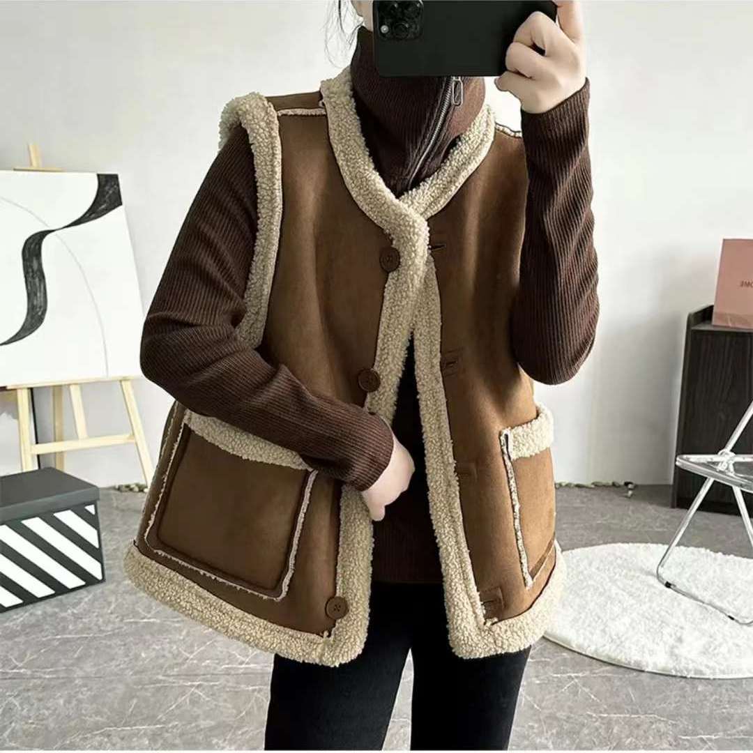 Doppelseitige Weste Damen Vintage Schaffell Pelzweste Wendeweste Herbst Winter Braune Weste XL kaffeebraun von Joom DACH