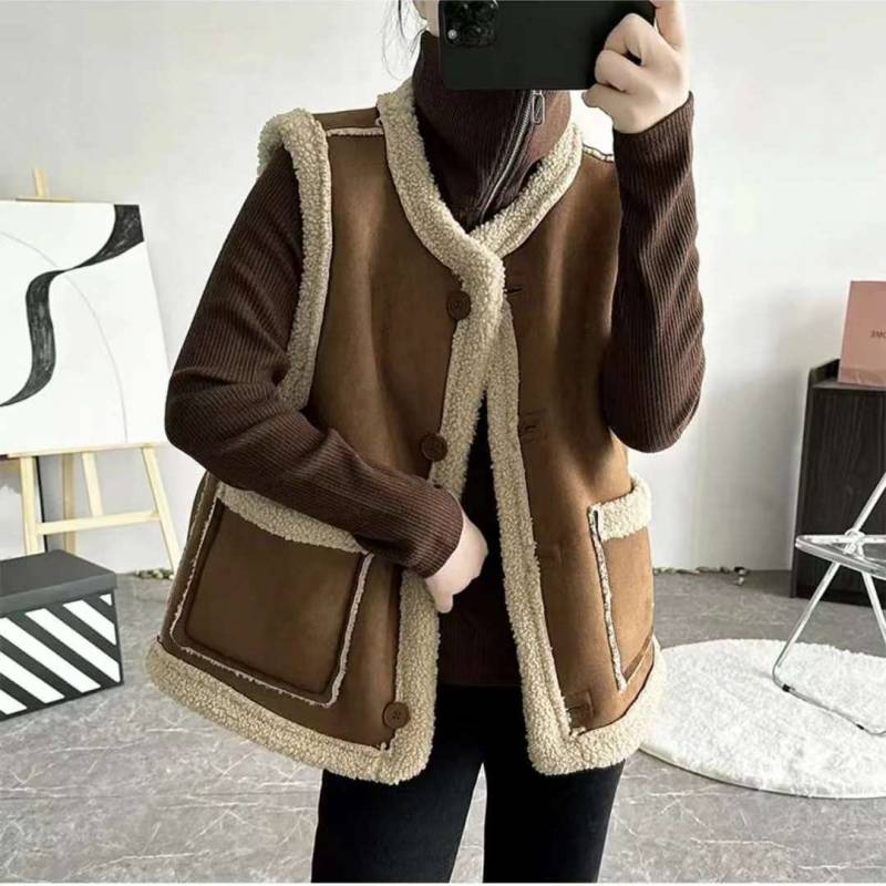 Doppelseitige Weste Damen Vintage Schaffell Pelzweste Wendeweste Herbst Winter Braune Weste XL kaffeebraun von Joom DACH