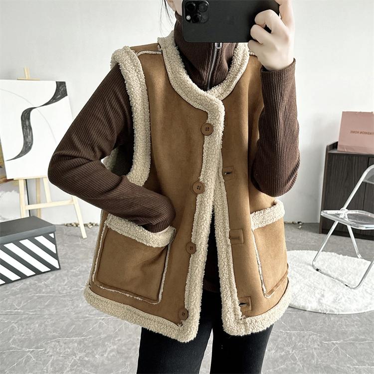 Doppelseitige Weste Damen Vintage Schaffell Pelzweste Wendeweste Herbst Winter Braune Weste XL khaki von Joom DACH