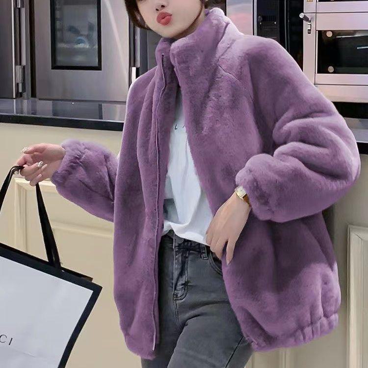 Doppelseitiger, warmer Rollkragen-Cardigan aus Coral Fleece für Damen L violett von Joom DACH