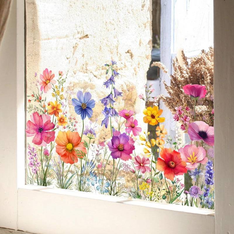 Doppelseitiger bunter Blumen-Schmetterlings-Wandaufkleber, elektrostatische Paste, Fensterglaspaste, sichtbares dekoratives Wandtattoo 30x60cm von Joom DACH