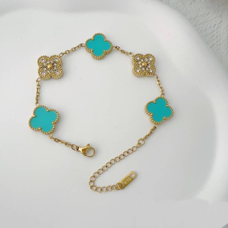 Doppelseitiges Armband mit fünf Blumen, vierblättriges Kleeblatt-Armband, verliert nicht die Farbe, elegantes, leichtes, luxuriöses Temperamentarmband für Damen blaue wasserfarbe von Joom DACH