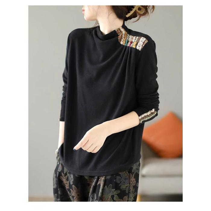 Doppelseitiges Fleece-Pullover-Top Text Damen Kunst Retro Ethno-Stil Patch Basic-Shirt Langarm-Knopf-T-Shirt XL von Joom DACH