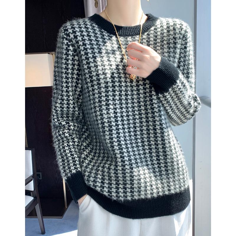 Doppelsträngiger dicker Rundhals-Hahnentritt-Cardigan für Damen Herbst und Winter Neue modische und vielseitige Kaschmir-Strick-Basisshirt XXL von Joom DACH