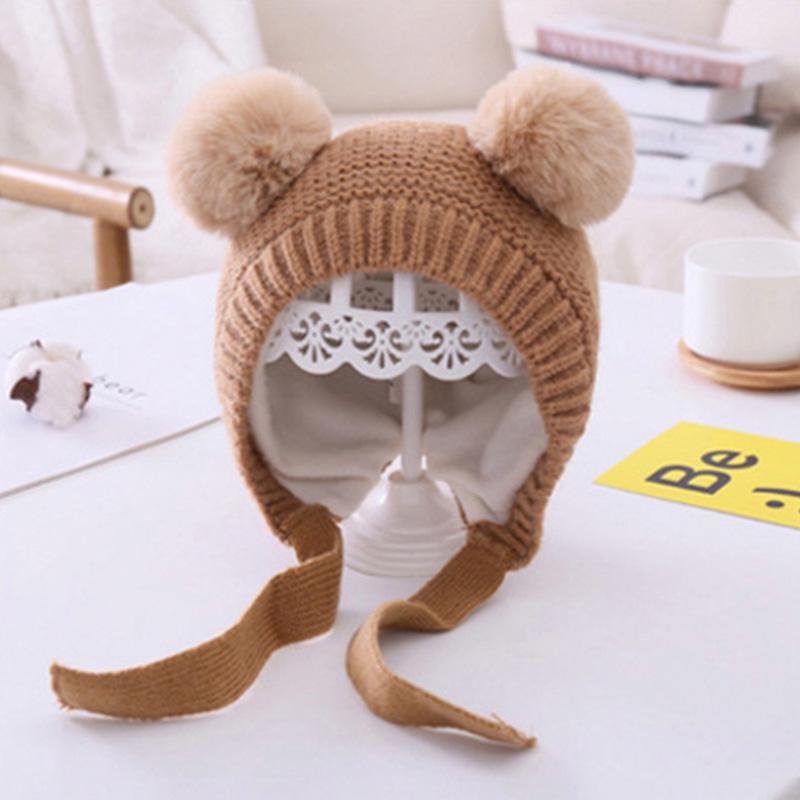 Doppelter Bommel für Babys, Mädchen, mit Schnürung, gestrickt, Herbst- und Wintermütze, weiche, einfarbige Kinder-Beanie-Mütze kaffeebraun von Joom DACH