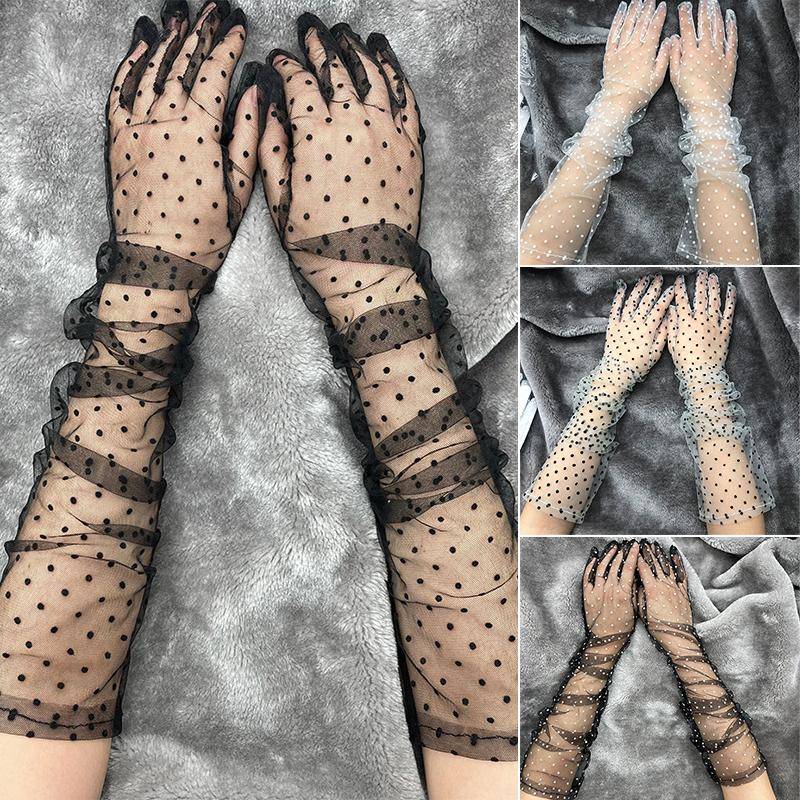 Dot Semi Sheer Stretch Spitze Lange Tüll Handschuhe Mesh Weibliche Ballkleid Schwarz Frauen von Joom DACH