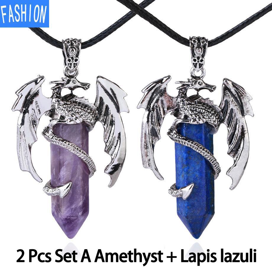 Drachen-Anhänger-Halskette für Männer und Frauen, coole Heilkristall-Amethyst-Halskette, natürliche Rosenquarz-Halskette, westlicher Drachen-Schmuck Amethyst+Lapis Lazuli von Joom DACH