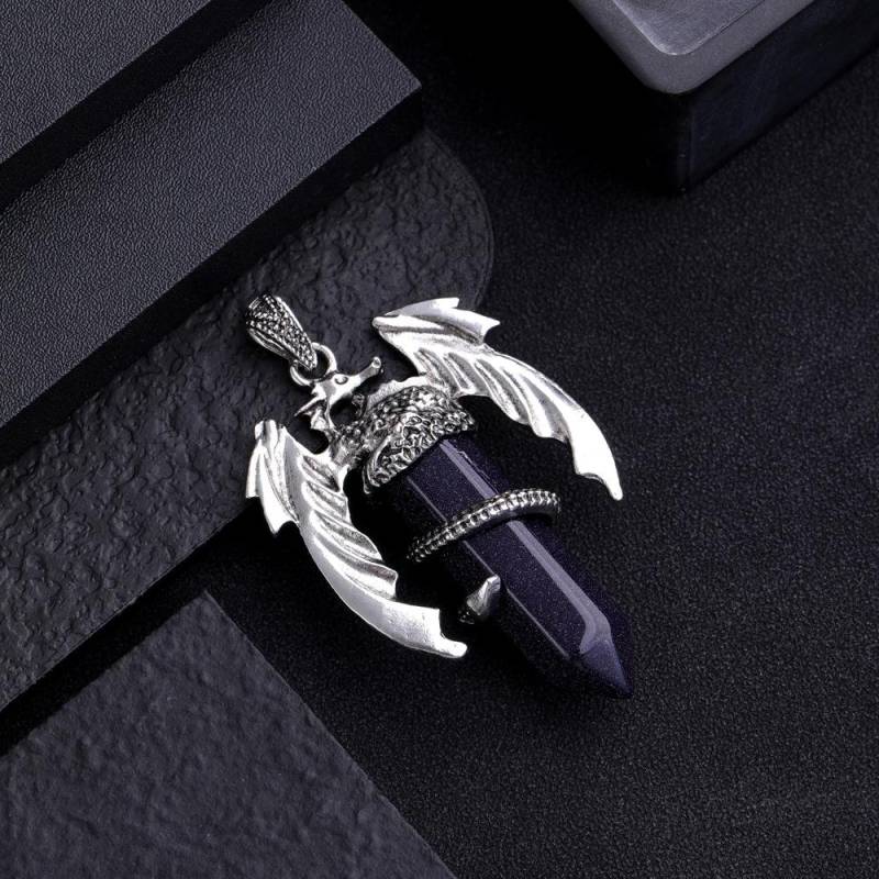 Drachen-Anhänger-Halskette für Männer und Frauen, coole Heilkristall-Amethyst-Halskette, natürliche Rosenquarz-Halskette, westlicher Drachen-Schmuck Blue Sand von Joom DACH