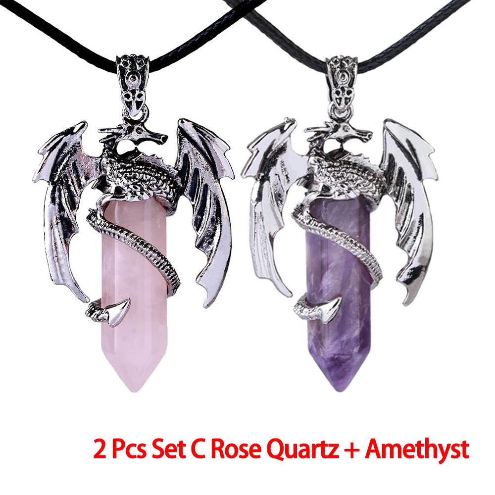 Drachen-Anhänger-Halskette für Männer und Frauen, coole Heilkristall-Amethyst-Halskette, natürliche Rosenquarz-Halskette, westlicher Drachen-Schmuck Rose Quartz+Amethyst von Joom DACH