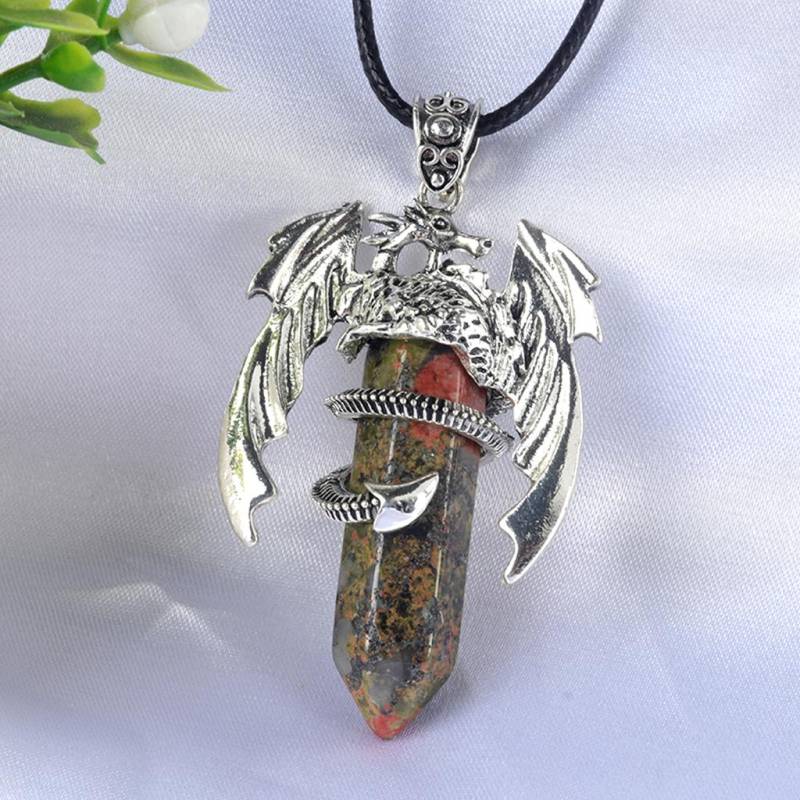 Drachen-Anhänger-Halskette für Männer und Frauen, coole Heilkristall-Amethyst-Halskette, natürliche Rosenquarz-Halskette, westlicher Drachen-Schmuck Unakite von Joom DACH