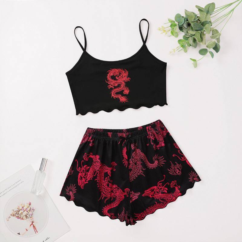 Drachen Print Slip Weste Pyjama Frauen Gothic Sommer Nachtwäsche Harajuku Casual Große Größe Schwarz Sling Kurze Nachthemd Homewear Set S rot von Joom DACH