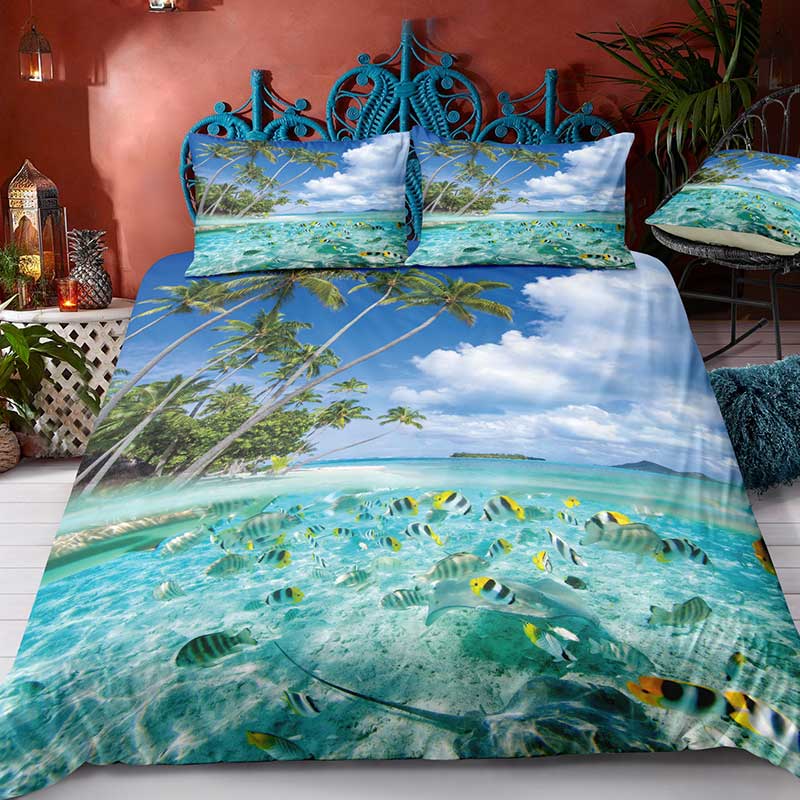 Dream NS Modernes Natur-Bettwäsche-Set, 3D-Digitaldruck, Strand, Kokosnusshain, Sommerschlafzimmer, Bettbezug, Kissenbezug, Bettwäsche-Set EU single(135x200cm) von Joom DACH