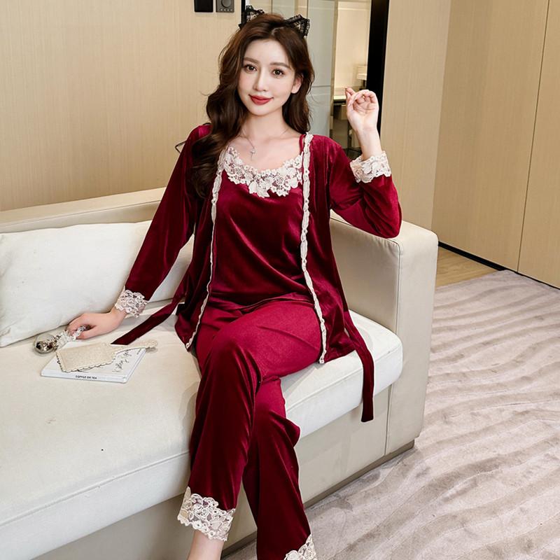 Dreiteiliger Pyjama aus Fleece-Spitze für Damen, französischer klassischer schicker Lazy-Pyjama XL von Joom DACH