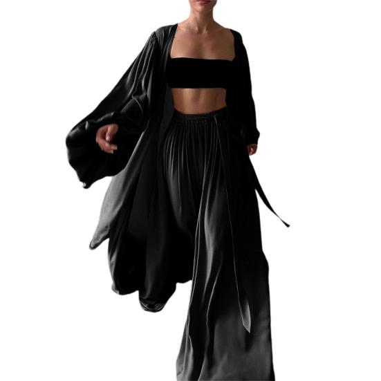 Dreiteiliges Set für Damen, einfarbig, langärmelig, Strickjacke, Röhrenoberteil, weites Bein, Hose M schwarz von Joom DACH