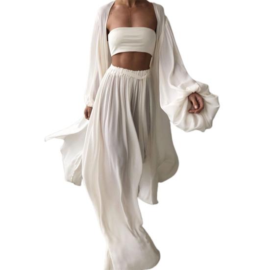 Dreiteiliges Set für Damen, einfarbig, langärmelig, Strickjacke, Röhrenoberteil, weites Bein, Hose M weiß von Joom DACH