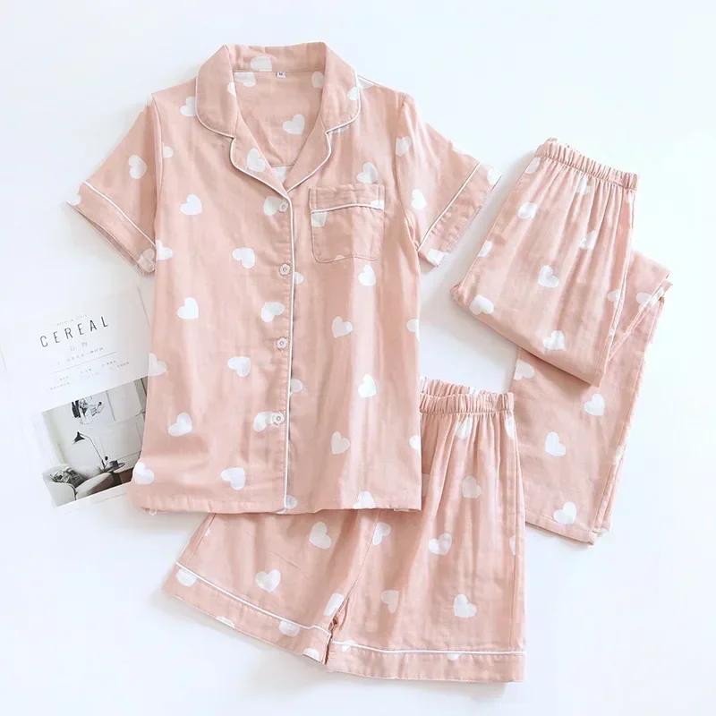 Dreiteiliges Set japanischer Pyjamas für Damen im Frühling, Sommer und Herbst, 100 % Baumwollgaze, kurzärmelige Shorts und Hosen, Sommeranzug M von Joom DACH
