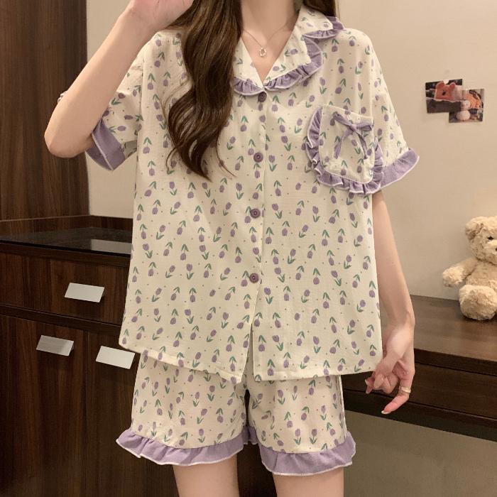 Druck Blume Nachtwäsche Damen Pyjama Sets Koreanische Mode Sommer 2-teilig Nachtwäsche zum Schlafen Niedliche Hausanzug Outfits XL von Joom DACH