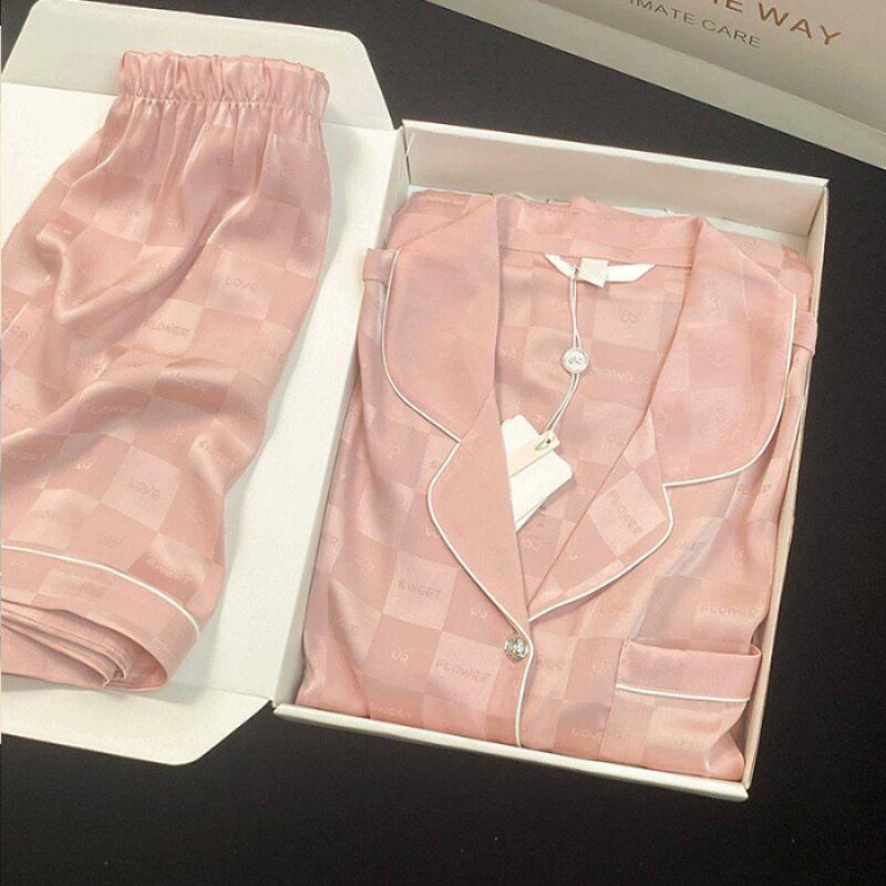 Druck Karo Kunstseide Damen Pyjama Set Sommer Neu Top & Shorts 2 Teile Nachtwäsche Satin Nachtwäsche Loungewear Outfits Dame M von Joom DACH