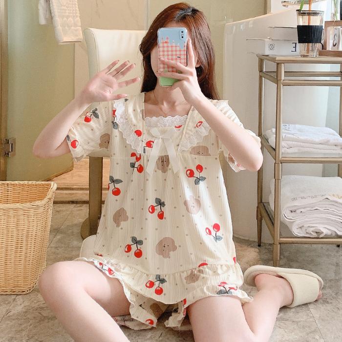 Druck Loungewear Set Weicher Stoff mit Schleifendetail Puffärmel Quadratischer Ausschnitt Oberteil Elastische Shorts für Damen Sommer M von Joom DACH