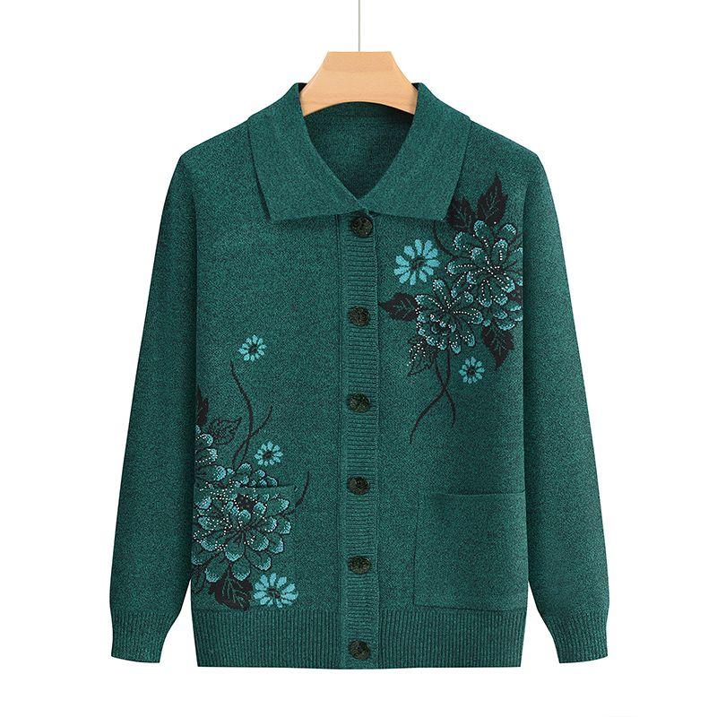 Druck Mittleren Alters Ältere Mutter Frühling Herbst Langarmpullover Damen Gestricktes Unterhemd Oma Strickjacke Übergröße L grün von Joom DACH