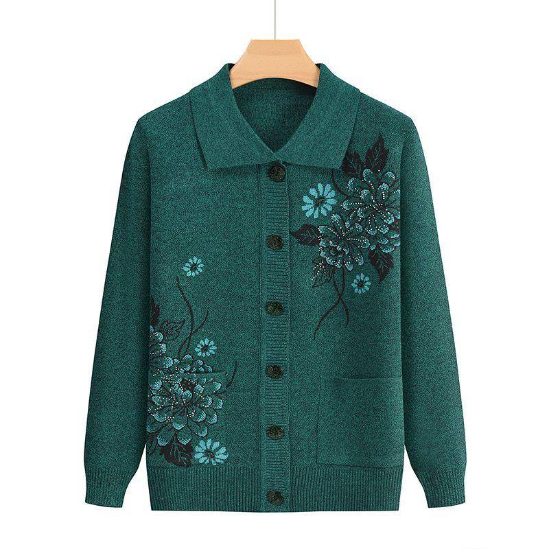 Druck Mittleren Alters Ältere Mutter Frühling Herbst Langarmpullover Damen Gestricktes Unterhemd Oma Strickjacke Übergröße L grün von Joom DACH
