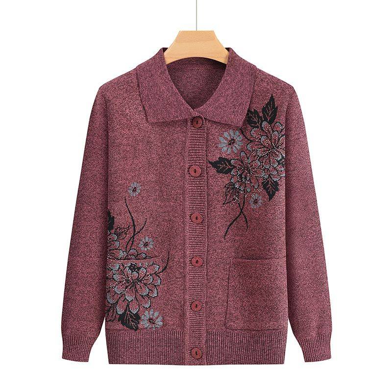 Druck Mittleren Alters Ältere Mutter Frühling Herbst Langarmpullover Damen Gestricktes Unterhemd Oma Strickjacke Übergröße L rosa von Joom DACH