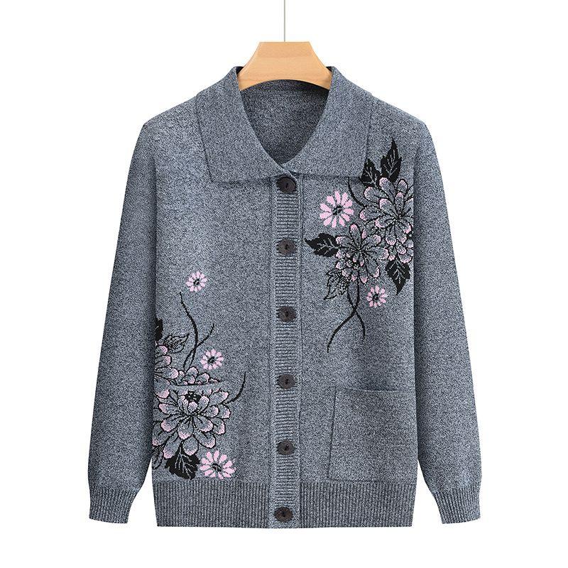 Druck Mittleren Alters Ältere Mutter Frühling Herbst Langarmpullover Damen Gestricktes Unterhemd Oma Strickjacke Übergröße XXXL grau von Joom DACH