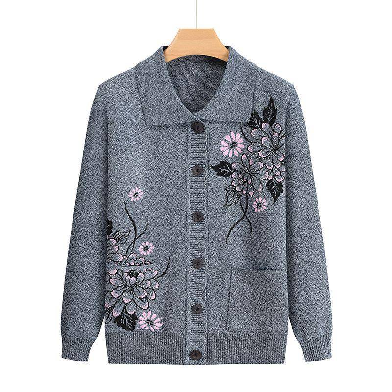 Druck Mittleren Alters Ältere Mutter Frühling Herbst Langarmpullover Damen Gestricktes Unterhemd Oma Strickjacke Übergröße XXXL grau von Joom DACH