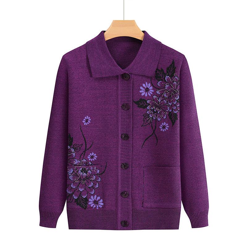 Druck Mittleren Alters Ältere Mutter Frühling Herbst Langarmpullover Damen Gestricktes Unterhemd Oma Strickjacke Übergröße XXXL violett von Joom DACH