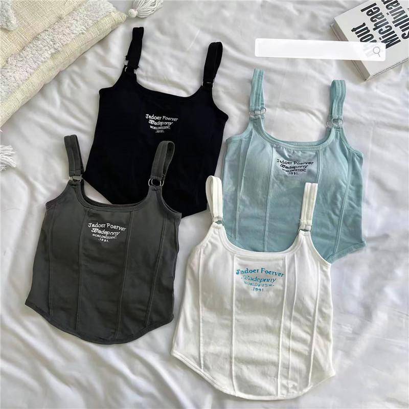 Drucken Brief Kurze Tank Tops Frauen Unregelmäßige Crop Top Y2k Sommer Schnalle Weste Boob Tube Top Stickerei Hosenträger Mit bh Pad one size schwarz von Joom DACH
