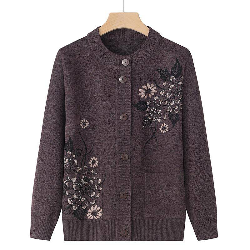 Drucken Mittleren Alters Ältere Mutter Frühling Herbst Langarm Pullover Frauen Gestrickte Bottoming Shirt Oma Strickjacke XL kaffeebraun von Joom DACH