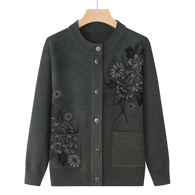 Drucken Mittleren Alters Ältere Mutter Frühling Herbst Langarm Pullover Frauen Gestrickte Bottoming Shirt Oma Strickjacke XXL dunkelgrüne von Joom DACH