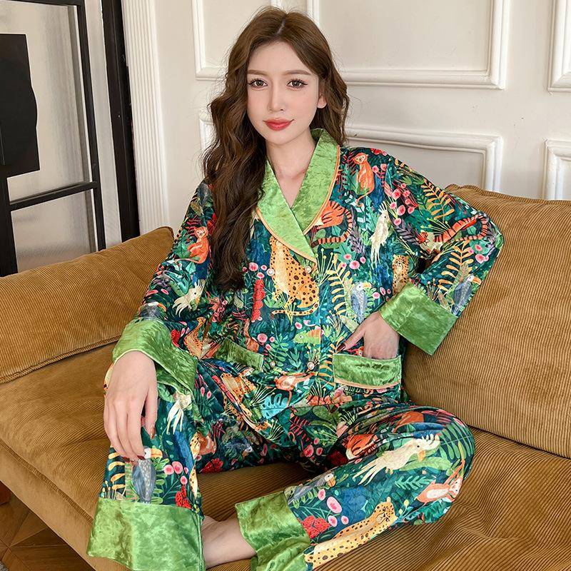 Dschungeltiger Tierdruck Pyjama Damen Warmer Pyjama Nachtset Warmer Pyjama Herbst Neu Samt Pyjama Set 2XL grün von Joom DACH