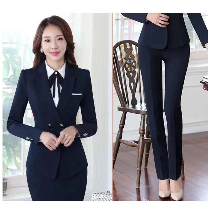 Dünne Blazer Anzüge Frauen Business Tragen Zwei-Stück Blazer + Anzug Hosen 2023 Neue Mode Temperament Arbeits Kleidung Werkzeug frühling und Herbst S dunkelblaue von Joom DACH